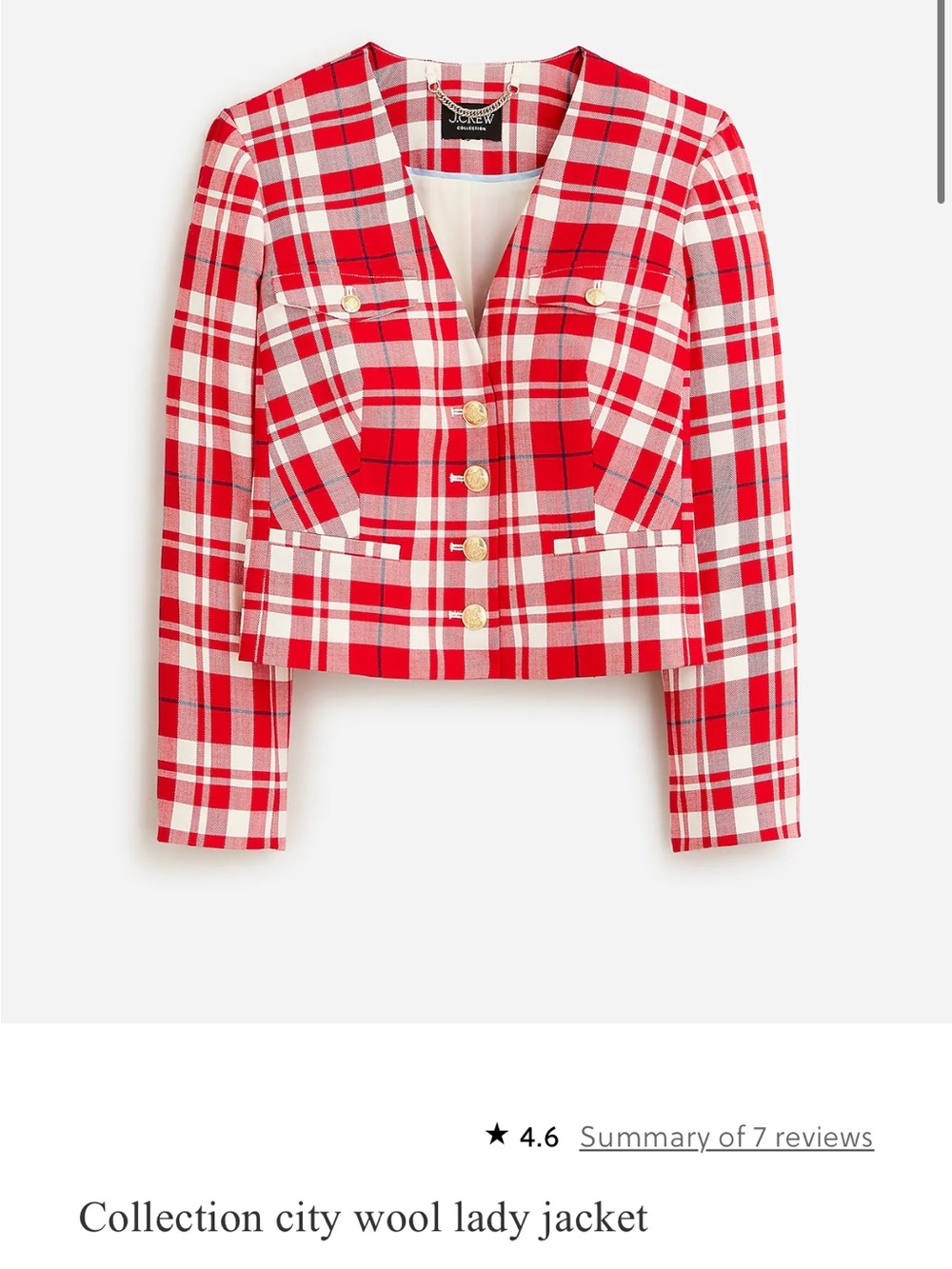 NWT J. Crew Collection Red and White Plaid Cropped Italian Wool Blazer